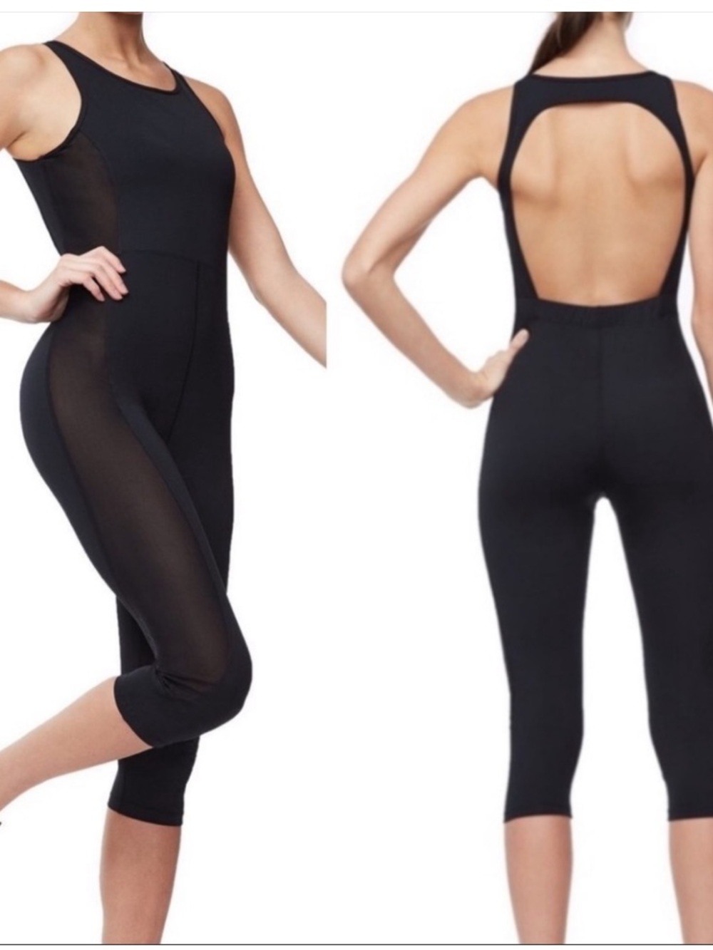 Good American Black Mesh-Panel Open-Back Capri Active Jumpsuit Sz (5) 2XL